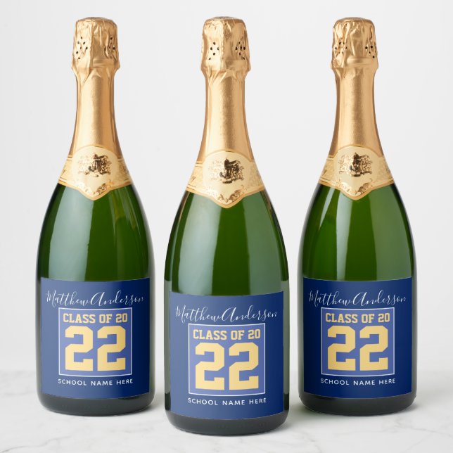 Class of 2023 Elegant Royal Blue & Gold Graduation Sparkling Wine Label (Bottles)