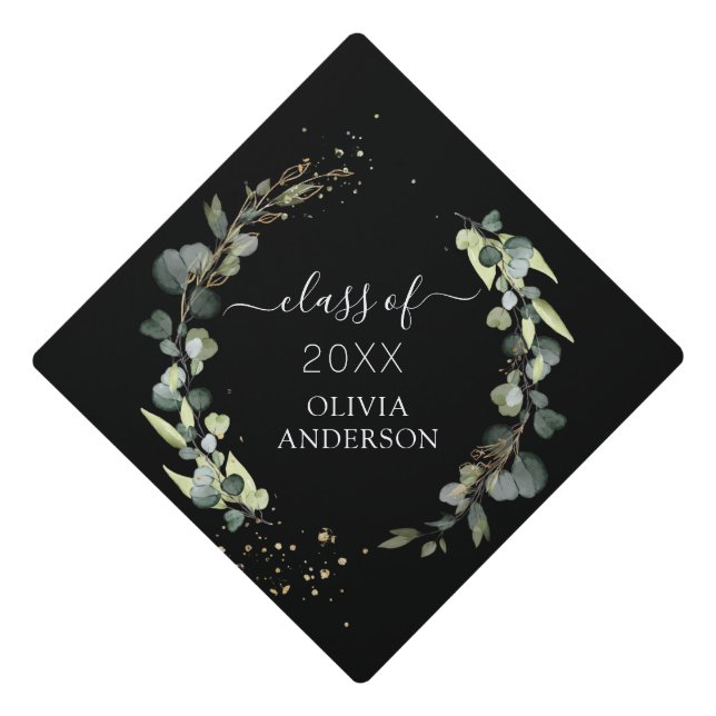 Class of 2023 Eucalyptus Greenery Graduate Black Graduation Cap Topper (Front)