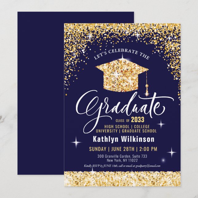 Class of 2023 Gold Glitter Blue Elegant Graduation Invitation (Front/Back)