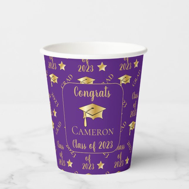 Class of 2023 Gold Grad Graduation Cap - Purple Paper Cups (Front)