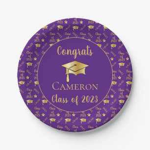 Class of 2023 Gold Grad Graduation Cap - Purple Paper Plate