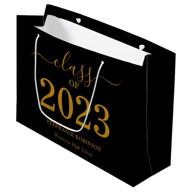Class of 2023 Gold Script On Black Graduation  Large Gift Bag (Front Angled)