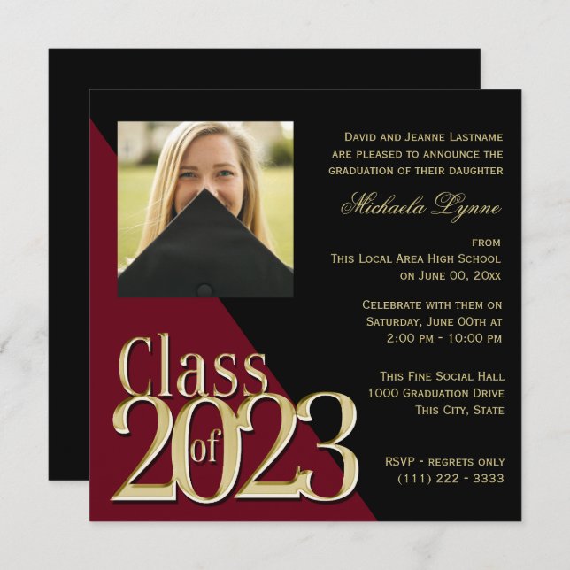 Class of 2023 Grad Gold and Burgundy with Photo  Invitation (Front/Back)