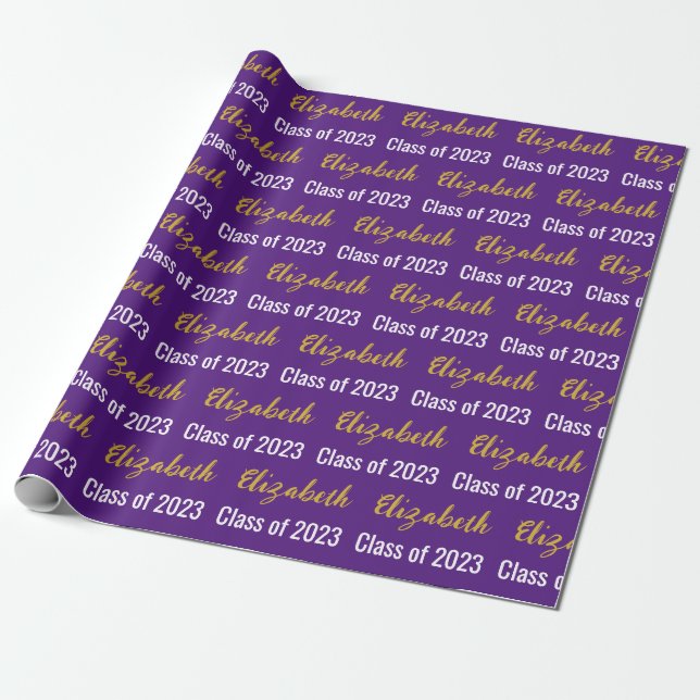 Class of 2023 Grad's Name Royal Purple White Gold Wrapping Paper (Unrolled)