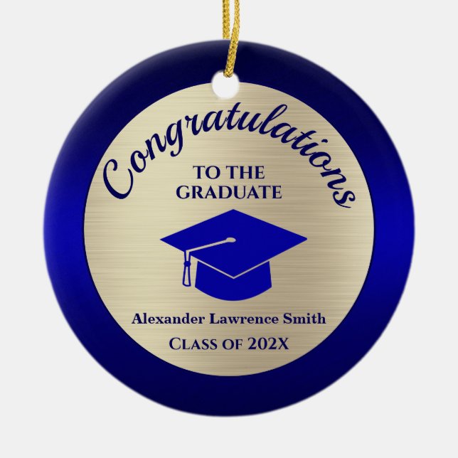 Class of 2023 Graduation Blue Gold Photo  Ceramic Ornament (Front)