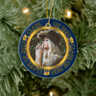 Class of 2023 Graduation Photo Dk Blue   Gold  Ceramic Ornament