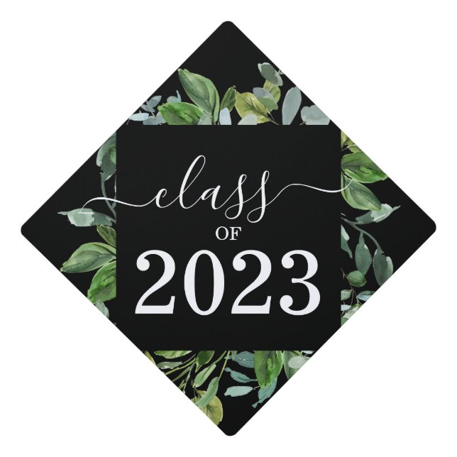 Class of 2023 Green Botanical Leaves  Graduation Cap Topper (Front)