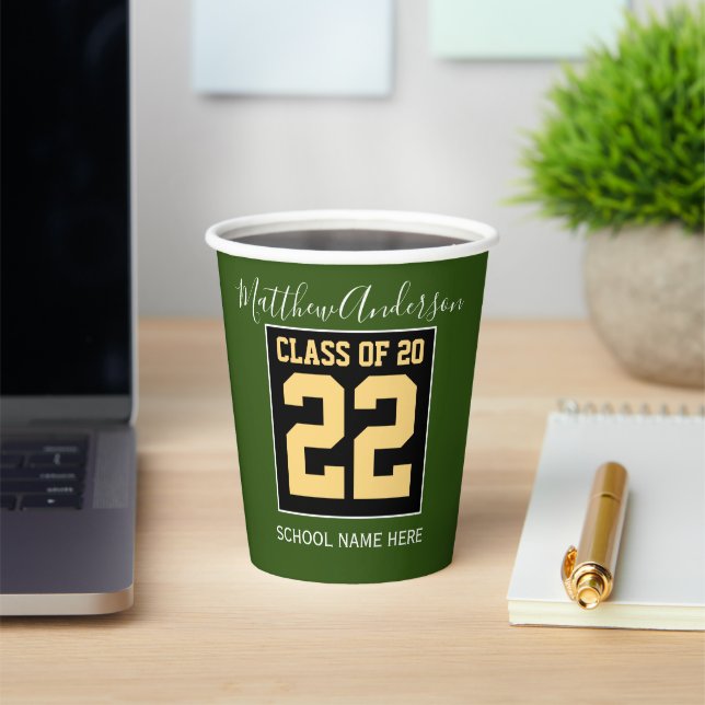 Class of 2023 Modern Green Black & Gold Graduation Paper Cups (Insitu)