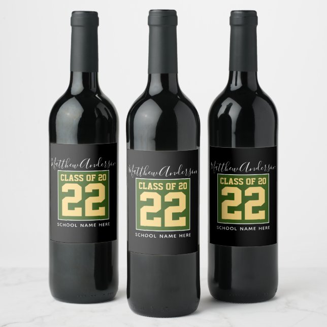 Class of 2023 Modern Green Black & Gold Graduation Wine Label (Bottles)