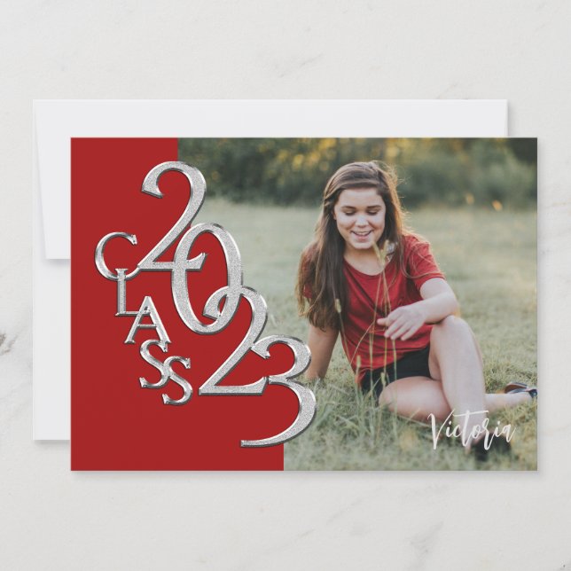 Class of 2023 Photo Graduation Red Silver Invitati Invitation (Front)