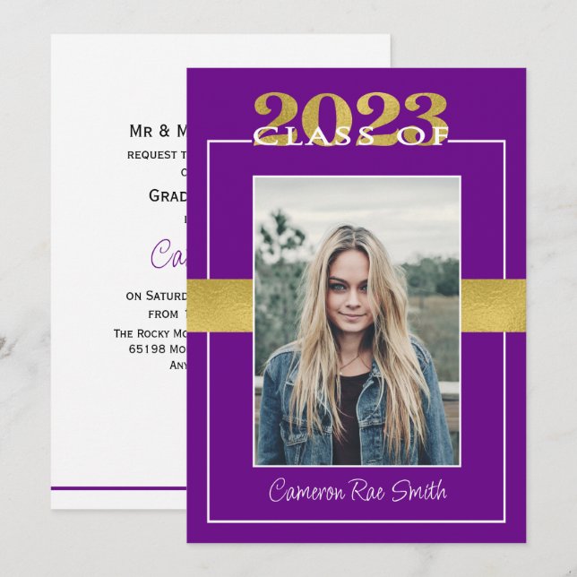 Class of 2023 Purple & Gold Graduation Party Invitation (Front/Back)