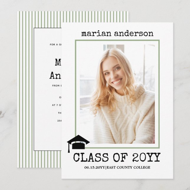 Class of 2023 typewrite sage graduation photo invitation (Front/Back)