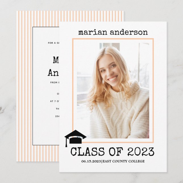 Class of 2023 typewriter peach graduation photo invitation (Front/Back)