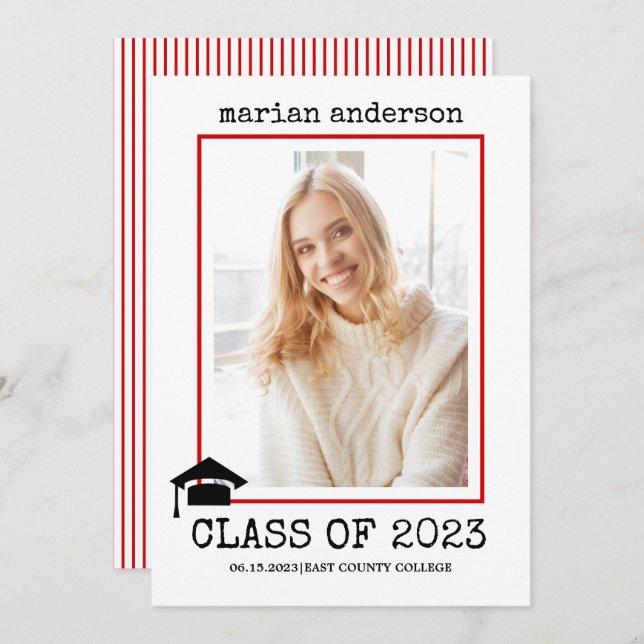 Class of 2023 typewriter red graduation photo invitation (Front/Back)