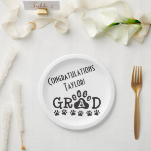 class of 2023 white black grad paw prints paper plate