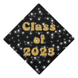 Class of 2023 with faux string lights and glitter graduation cap topper