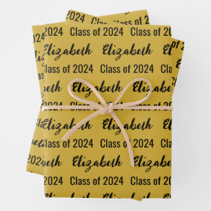 Class of 2024 and Graduate's Name Black and Gold Wrapping Paper Sheet