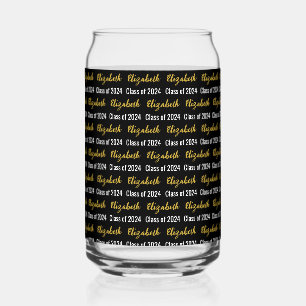 Class of 2024 and Graduate's Name Black White Gold Can Glass