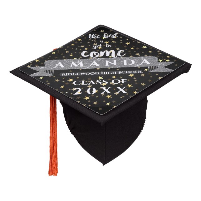 Class Of 2024 Best Is Yet To Come Black Silver Graduation Cap Topper (Angled)