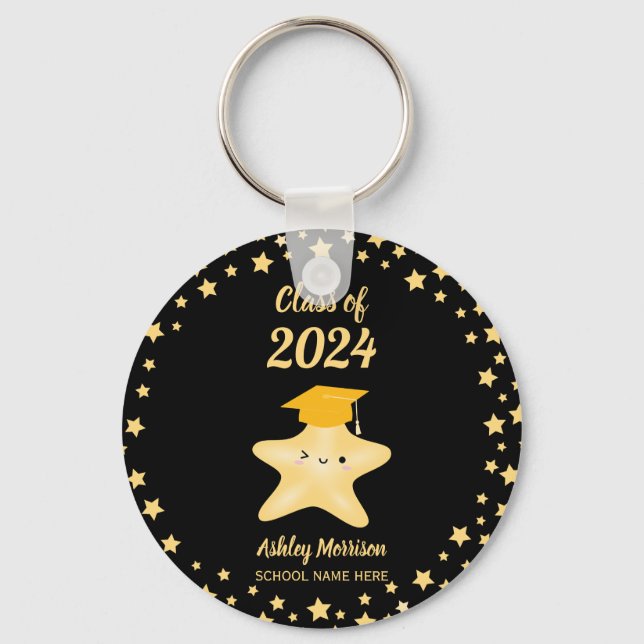 Class of 2024 Black and Gold Super Star Graduation Keychain (Front)