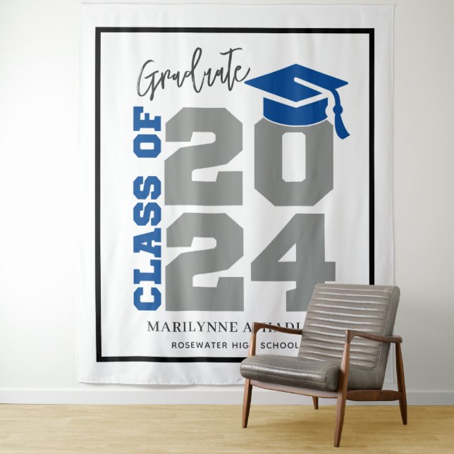 Class of 2024 Blue and Grey Photo Booth Tapestry (In Situ)