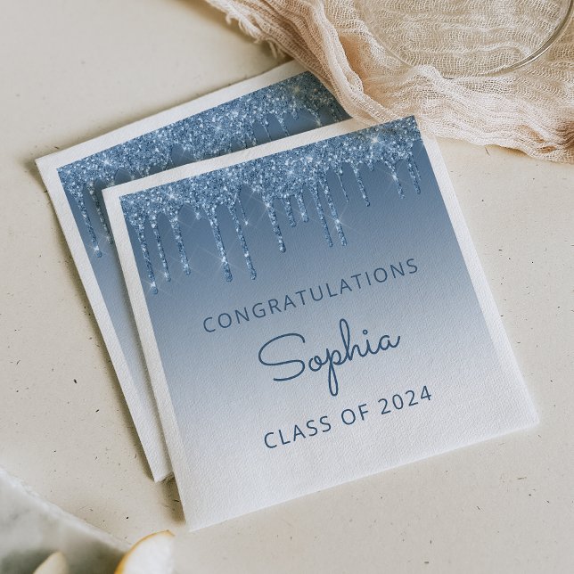 Class of 2024 Blue Glitter Drip Graduation Napkin (Creator Uploaded)