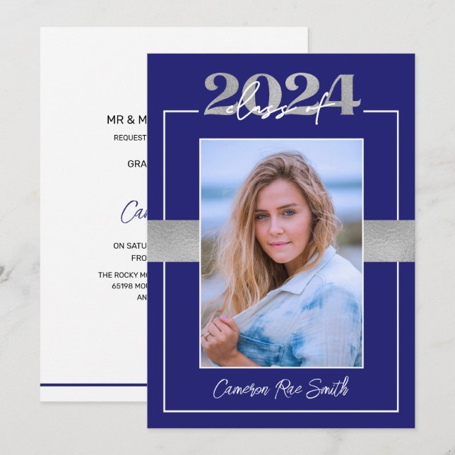 Class of 2024 Blue & Silver Graduation Party Invitation (Front/Back)