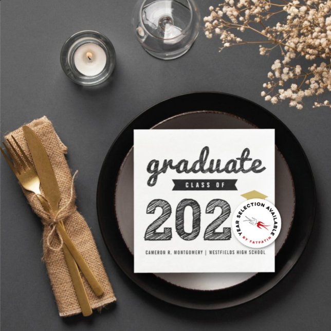 Class of 2024 Bold Black Sketch Graduation Party Napkin (Class of 20YY Bold Black & Gold Sketch Graduation Party Paper Napkin @ zazzle.com/color_therapy)