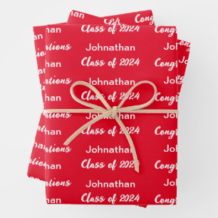 Class of 2024 Bright Red Congratulations Grad Name Wrapping Paper Sheet