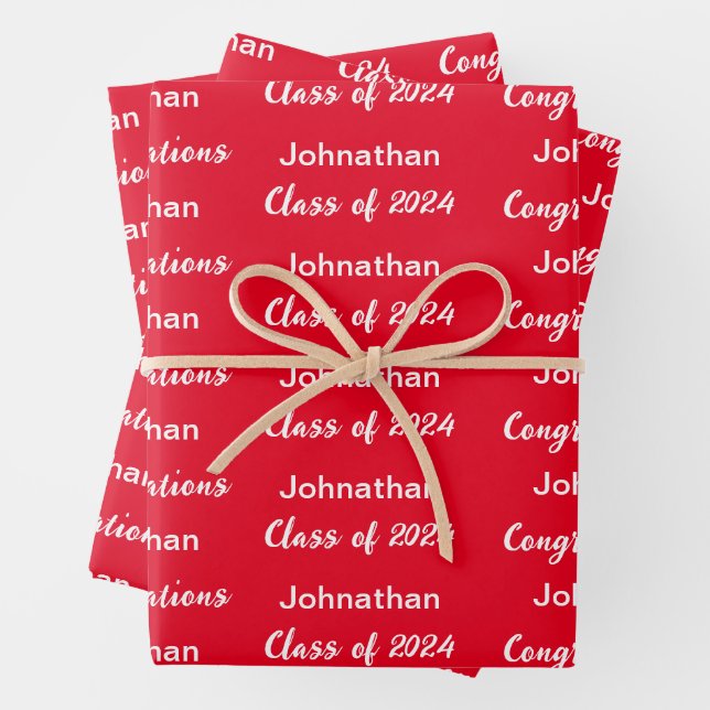 Class of 2024 Bright Red Congratulations Grad Name Wrapping Paper Sheet (In situ)