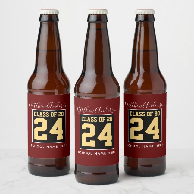 Class of 2024 Burgundy Black and Gold Graduation Beer Bottle Label (Bottles)