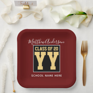 Class of 2024 Burgundy Black and Gold Graduation Paper Plate