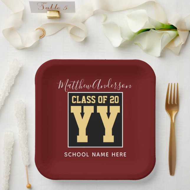 Class of 2024 Burgundy Black and Gold Graduation Paper Plate (Wedding)