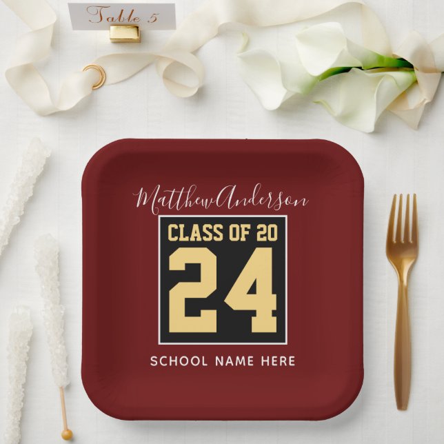 Class of 2024 Burgundy Black and Gold Graduation Paper Plate (Wedding)