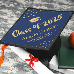 Class of 2024 Dark Blue Gold Brush Script Graduati Graduation Cap Topper