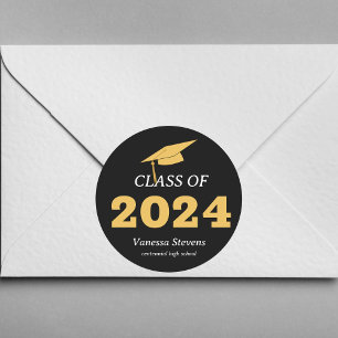 Class of 2024 Elegant Black Gold Personalized Classic Round Sticker