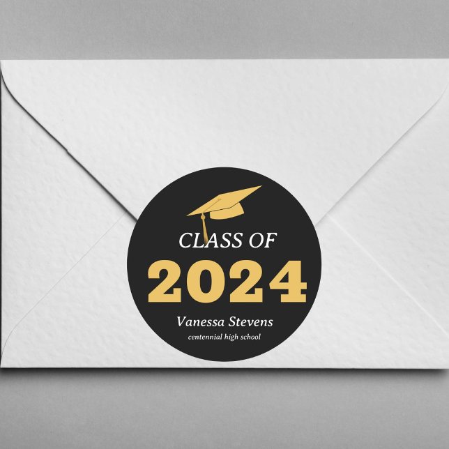 Class of 2024 Elegant Black Gold Personalized  Classic Round Sticker (Creator Uploaded)