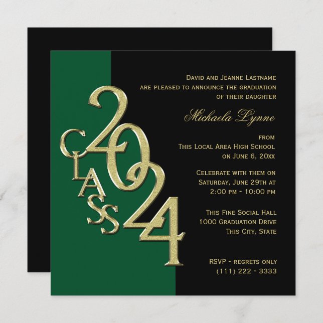 Class of 2024 Elegant Gold and Green Invitation (Front/Back)