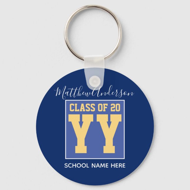 Class of 2024 Elegant Royal Blue & Gold Graduation Keychain (Front)