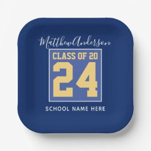 Class of 2024 Elegant Royal Blue & Gold Graduation Paper Plate