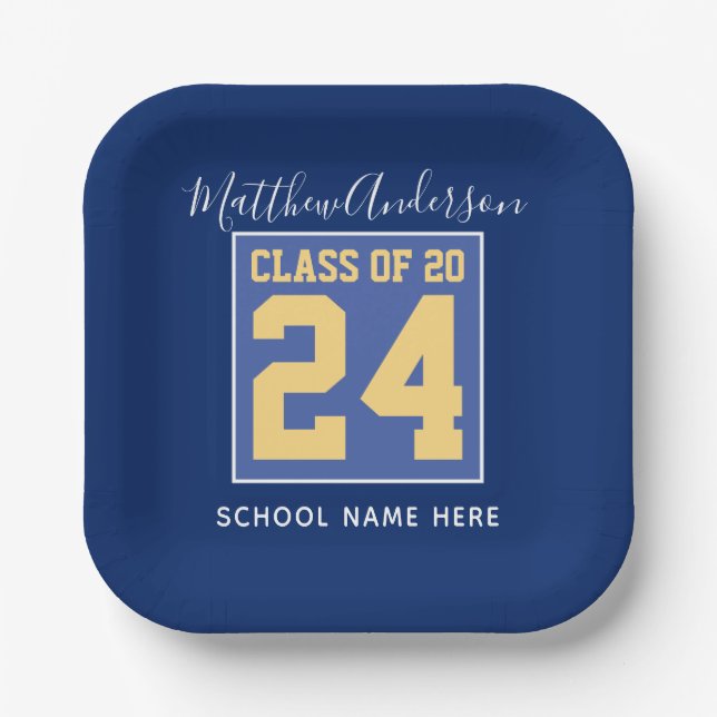 Class of 2024 Elegant Royal Blue & Gold Graduation Paper Plate (Front)