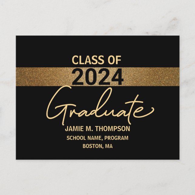 Class of 2024 gold black Graduation announcement Postcard (Front)