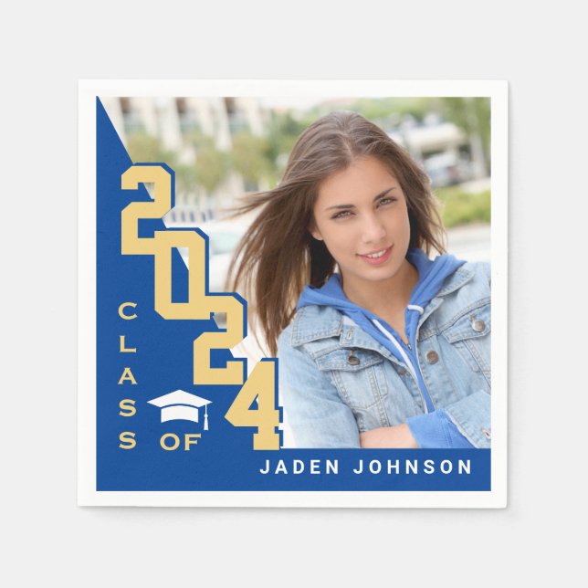 Class of 2024 Golden Blue PHOTO Graduation Party Napkin (Front)