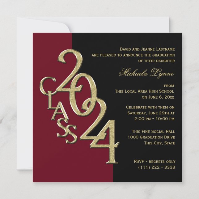 Class of 2024 Grad Burgundy and Gold Invitation (Front)