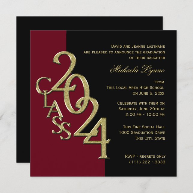 Class of 2024 Grad Burgundy and Gold Invitation (Front/Back)