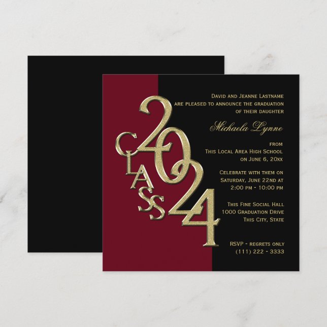Class of 2024 Grad Burgundy and Gold Invitation (Front/Back)