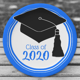 Class of 2024 Grad Cap Blue and White Paper Plate