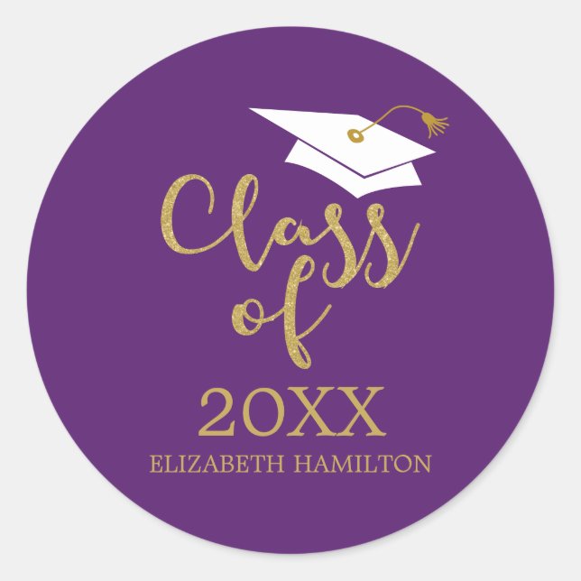 Class of 2024 Grad Cap Gold Glitter Calligraphy  Classic Round Sticker (Front)