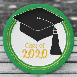Class of 2024 Grad Cap Green and Gold Paper Plate
