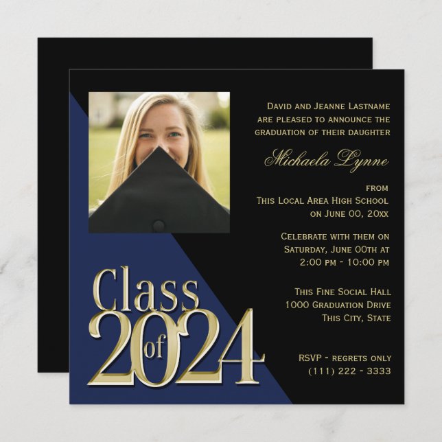 Class of 2024 Grad Gold and Blue with Photo Invitation (Front/Back)